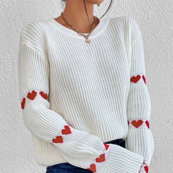 White Casual Womens Heart Pattern Flare Sleeve Sweater - Picture 2 of 5